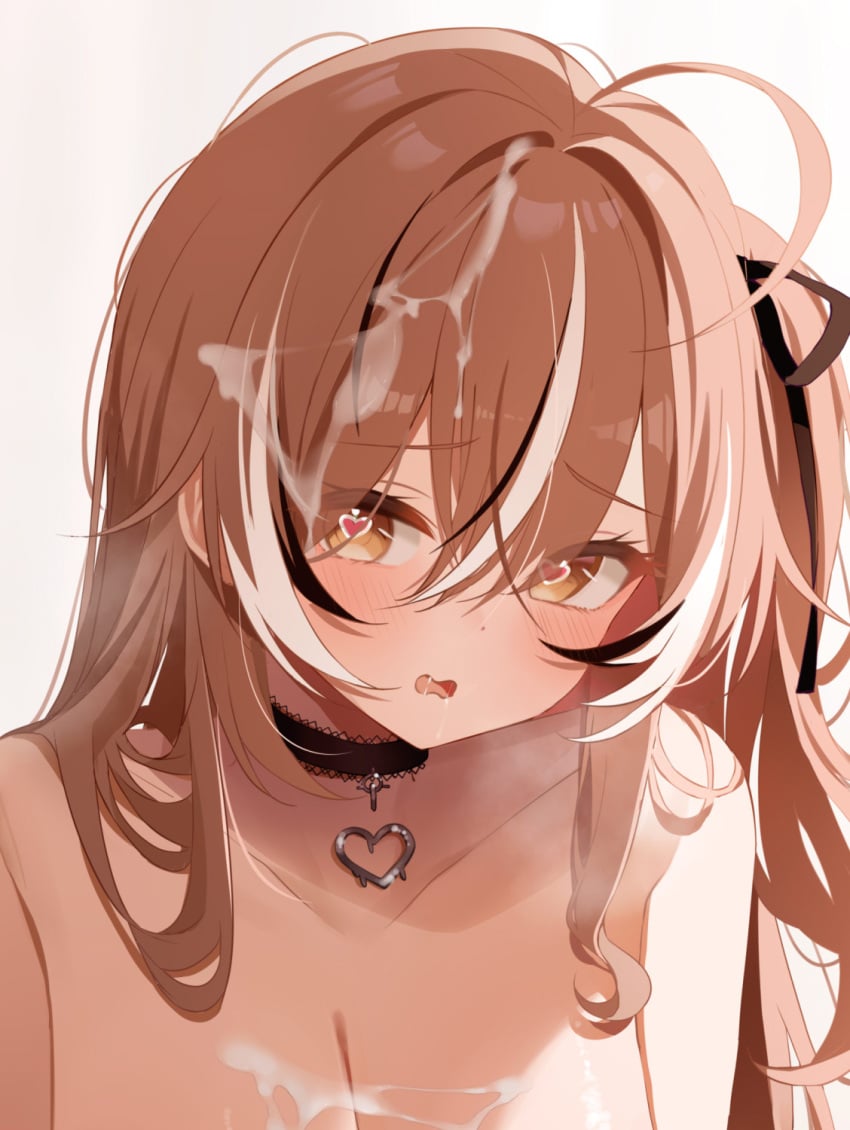 ahoge black_choker black_hair black_ribbon blush breasts brown_eyes brown_hair choker cleavage close-up collarbone cum cum_on_body cum_on_breasts cum_on_hair deyui double-parted_bangs female hair_between_eyes hair_ribbon heart heart-shaped_pupils heart_choker highres hololive hololive_english hololive_english_-council- hololive_english_-promise- lace-trimmed_choker lace_trim long_hair multicolored_hair nanashi_mumei official_alternate_hairstyle one_side_up open_mouth paid_reward_available pendant_choker ribbon sidelocks simple_background solo streaked_hair symbol-shaped_pupils three_quarter_view topless virtual_youtuber wavy_mouth white_background white_hair