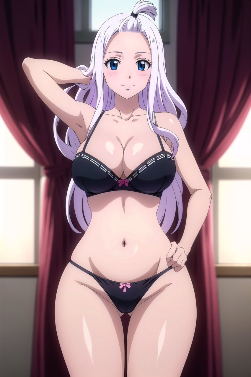 1girls ai_generated arisato_yu big_breasts black_lingerie black_underwear fairy_tail female female_only lingerie mirajane_strauss thick_thighs underwear white_hair