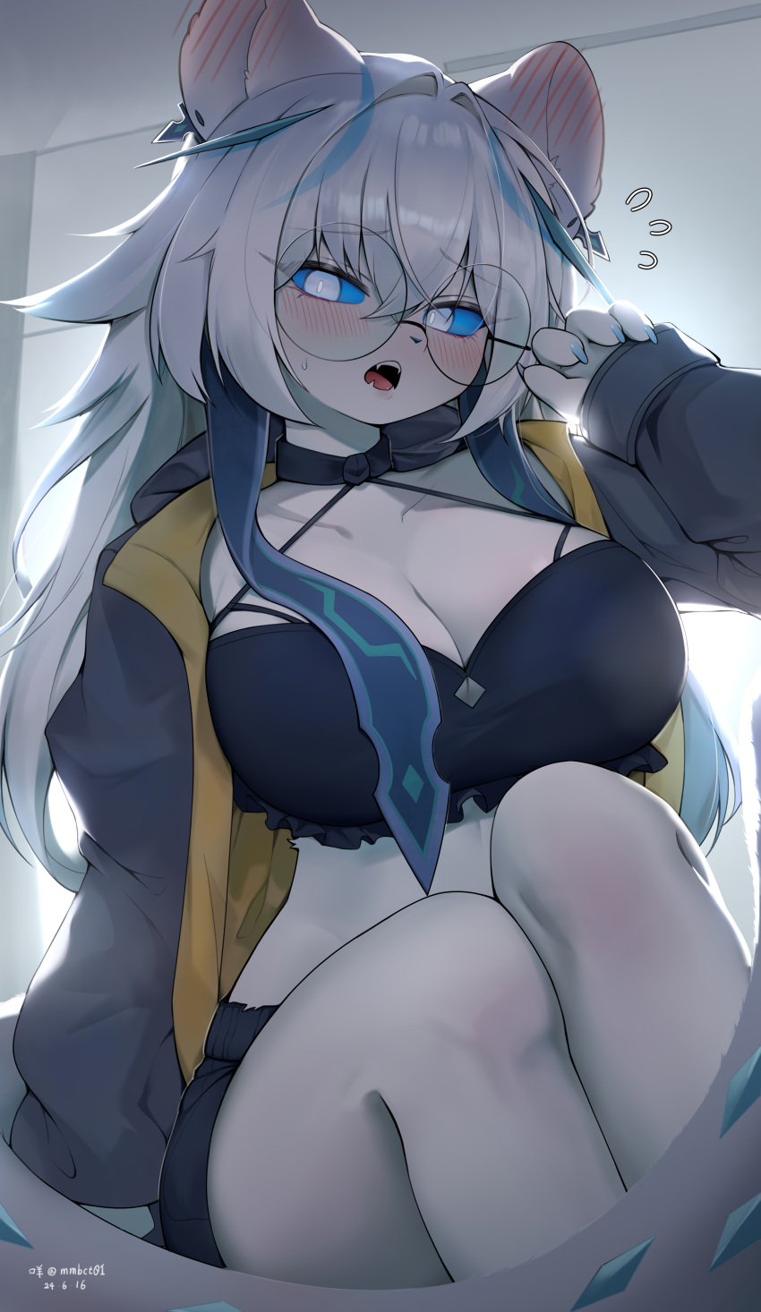 absurd_res absurdres blue_eyes blush blushing chien-pao clothed ear_blush fox fox_ears fox_girl fox_tail glasses hi_res highres large_breasts nyaohha upscaled