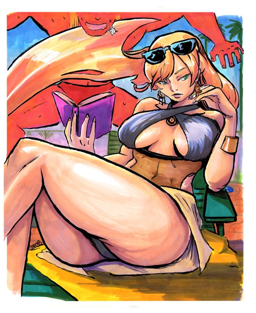 1girls 1male beach bikini blonde_hair blue_eyes crossed_legs guilty_gear maeca_art millia_rage reading sunglasses sunglasses_on_head