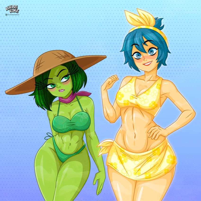 2024 2d 2girls alvarikokearte beach_hat bikini blue_eyes blue_hair blush breasts difference_size disgust_(inside_out) disney duo duo_female duo_focus female female_only full_color green_body green_hair green_skin hat inside_out inside_out_2 joy_(inside_out) looking_at_viewer no_penetration pixar short_hair short_hair_female size_difference straw_hat swimsuit tagme thick_thighs thighs yellow_body yellow_skin