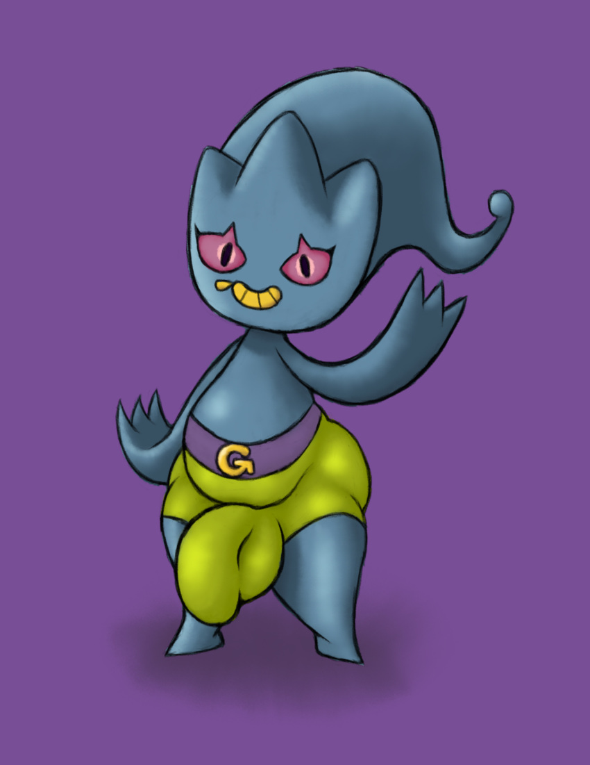 3_fingers banette belly black_body black_eyes bottomwear bulge clothing fingers generation_3_pokemon genitals hi_res jovi_cap male nintendo pants penis pokemon pokemon_(species) purple_background simple_background solo zipper zipper_mouth