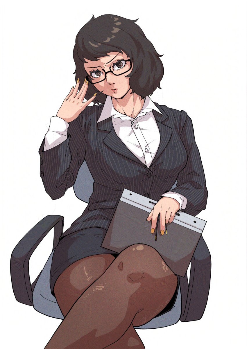 1girls alternate_version_available brown_eyes brown_hair chuckuddin glasses legs_crossed office_chair office_lady painted_nails persona persona_5 sadayo_kawakami solo_female solo_focus stockings