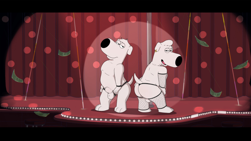 20th_century_fox 20th_century_studios animal_genitalia anthro ass balls brian_griffin canid canine canis clothing delirost domestic_dog duo ear_piercing family_guy fishnet_clothing fuzzy_door_productions genitals hi_res jasper_(family_guy) male mammal on_stage piercing sheath