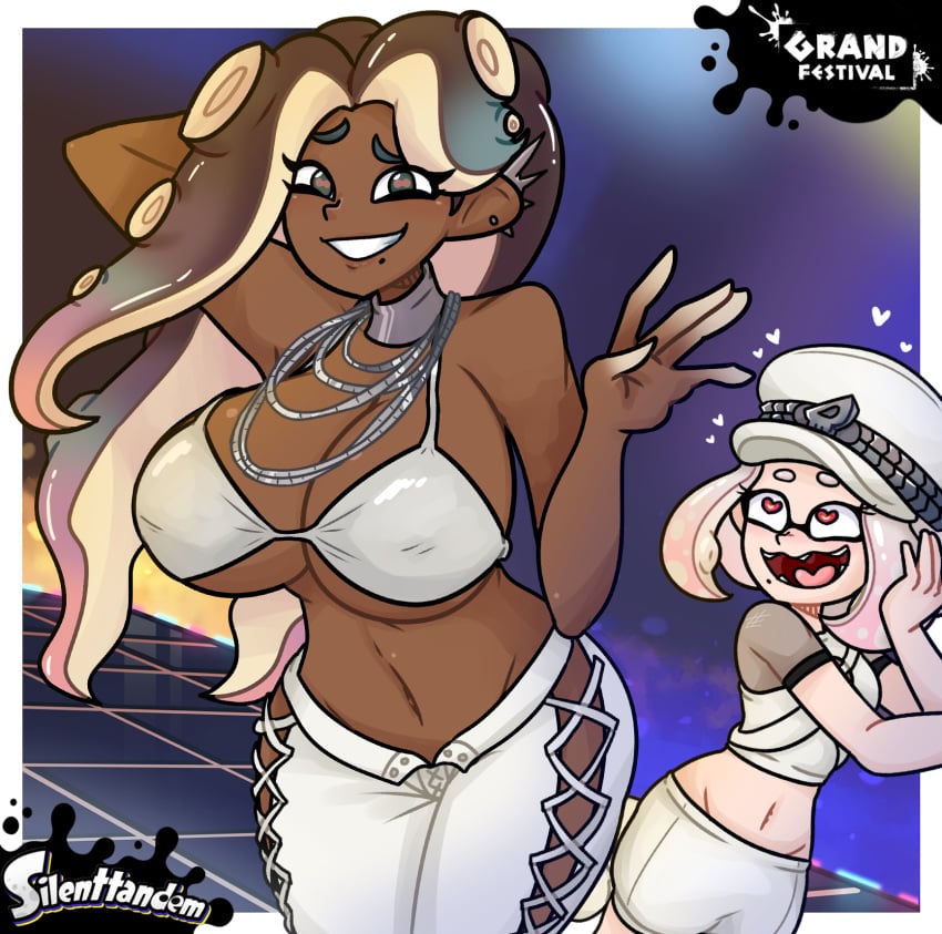 2girls alternate_costume artist_logo black_hair bra dark-skinned_female dark_skin female female_focus female_only grand_festival_(splatfest) heart heart-shaped_pupils heart_eyes inkling jewelry looking_at_viewer marina_(grand_festival) marina_(splatoon) necklace now_or_never_cap now_or_never_earrings octoling official_alternate_costume pearl_(grand_festival) pearl_(splatoon) silenttandem size_difference smiling smiling_at_viewer splatfest splatoon splatoon_(series) splatoon_3 team_present_(splatfest) tentacle two_girls waving waving_at_viewer white_clothing white_hair yuri