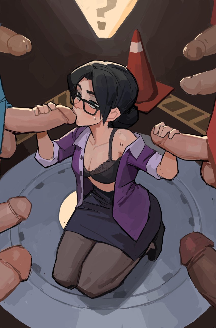 1girls 8boys amugea big_penis black_hair blush bra captured clothed cornered dark-skinned_male dark_skin demoman forced glasses gun hair_bun hand_on_penis heavy_weapons_guy holding_penis kneeling light_skin lingerie looking_at_another miss_pauling multiple_boys multiple_penises office_clothing office_lady open_clothes oral penis penis_grab rape rifle scout_(team_fortress_2) shirt skirt sniper_(team_fortress_2) straight sucking_penis team_fortress_2 tied_hair weapon wet wet_body work_uniform