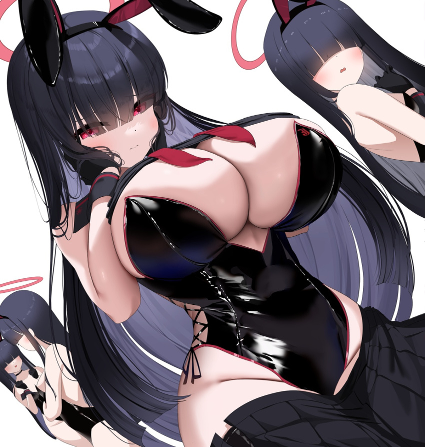 4girls background_character bangs black_hair blue_archive blush breasts breasts_bigger_than_head bunny_ears bunnysuit bursting_breasts cleavage curvy hair_over_eyes halo huge_breasts inner_sideboob justice_task_force_member_(blue_archive) long_hair nicorima red_eyes thighs