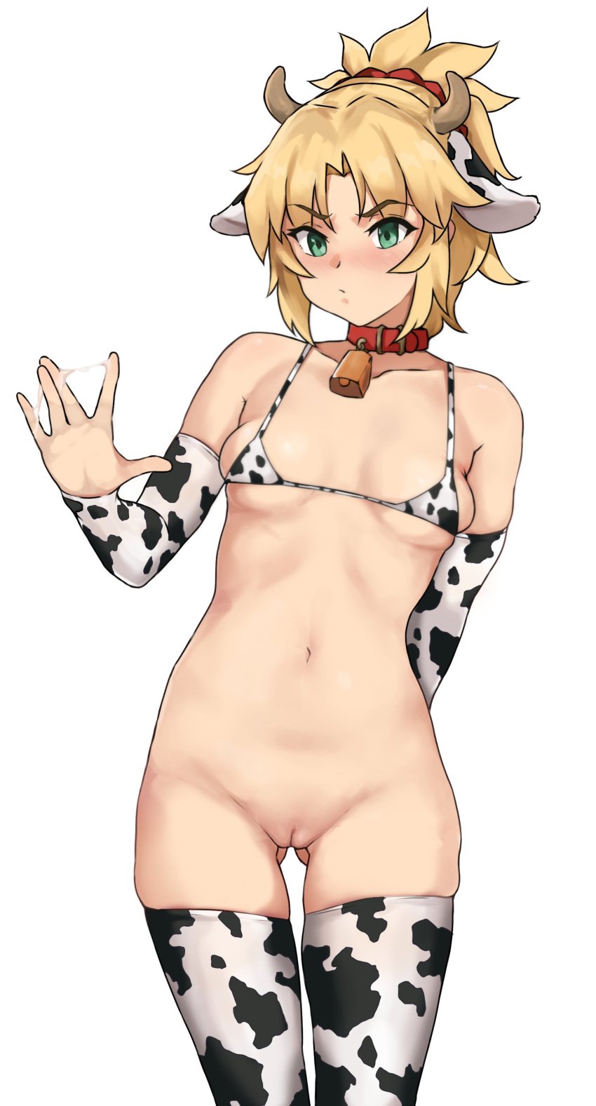 absurdres animal_ears animal_print arm_behind_back ass_visible_through_thighs bell bikini bikini_top_only blonde_hair blush bottomless breasts collar collarbone cow_ears cow_horns cow_print cow_print_bikini cowbell fake_animal_ears fake_horns fate/apocrypha fate/grand_order fate_(series) female green_eyes hair_ornament hair_scrunchie highres horns long_hair looking_at_viewer mordred_(fate) mordred_(fate/apocrypha) navel open_mouth ponytail print_bikini pussy red_scrunchie scrunchie simple_background small_breasts solo suggestive_fluid swimsuit thigh_gap thighhighs todding uncensored white_background