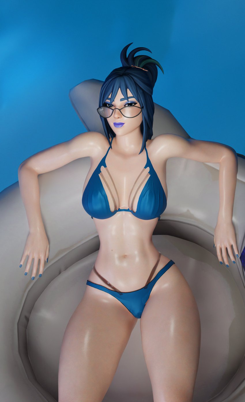 1female 1girls 3d 3d_(artwork) big_breasts big_thighs blue_eyes blue_hair breasts female female_only fortnite fortnite:_battle_royale hope_(fortnite) light-skinned_female light_skin long_hair looking_at_viewer looking_over_eyewear looking_over_sunglasses pool short_hair solo solo_female sunglasses swimming_pool swimsuit swimwear tagme tinted_eyewear zen_art