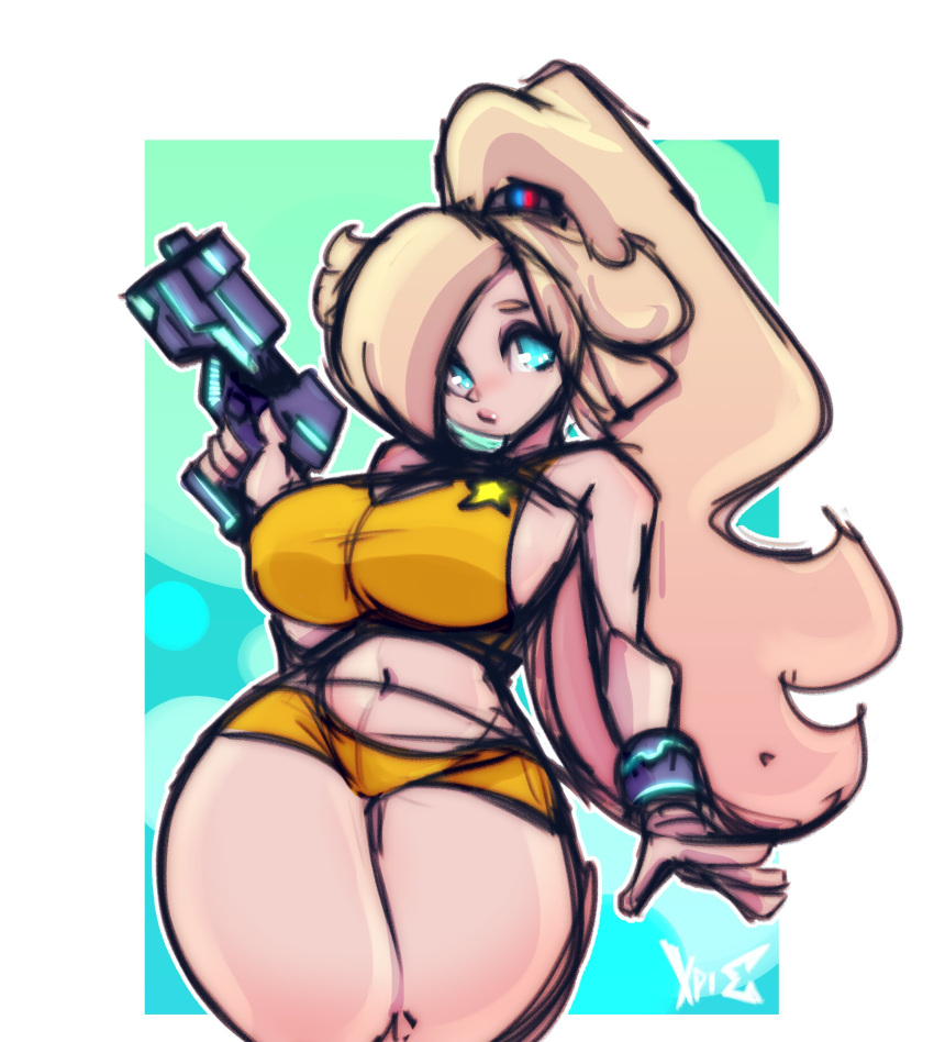 2d 2d_(artwork) big_breasts blonde_hair blue_eyes bracelet cute exposed_midriff gun hotpants huge_breasts large_breasts looking_at_viewer mario_(series) metroid midriff nintendo ponytail princess_rosalina samus_aran_(cosplay) short_shorts super_mario_galaxy tagme thick_thighs very_long_hair xpisigma