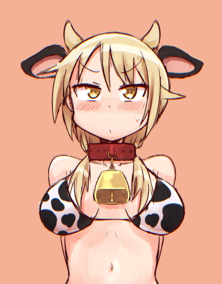 big_breasts chiden collar cow_ears cow_horns cow_print cowbell cowkini female female_only ichii_yui long_hair simple_background yellow_eyes yuyushiki