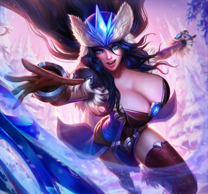 1girls alternate_breast_size big_breasts blue_eyes blue_hair breasts_bigger_than_head cleavage dynamic_pose edit edited fixing gigantic_breasts hat huge_breasts league_of_legends long_hair official_artwork_edit pale-skinned_female pale_skin revealing_clothes russian_hat sivir snowdown_series snowstorm_sivir thighs third-party_edit winter_wonderland_series