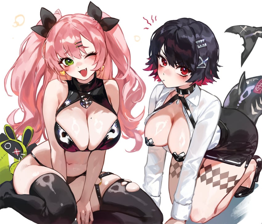 2girls :3 blush cleavage cute_fang ellen_joe female female_only foolish_potato green_eyes mole mole_on_breast nicole_demara one_eye_closed pasties pink_hair pointy_chin red_eyes skindentation thighhighs twintails white_background wink zenless_zone_zero