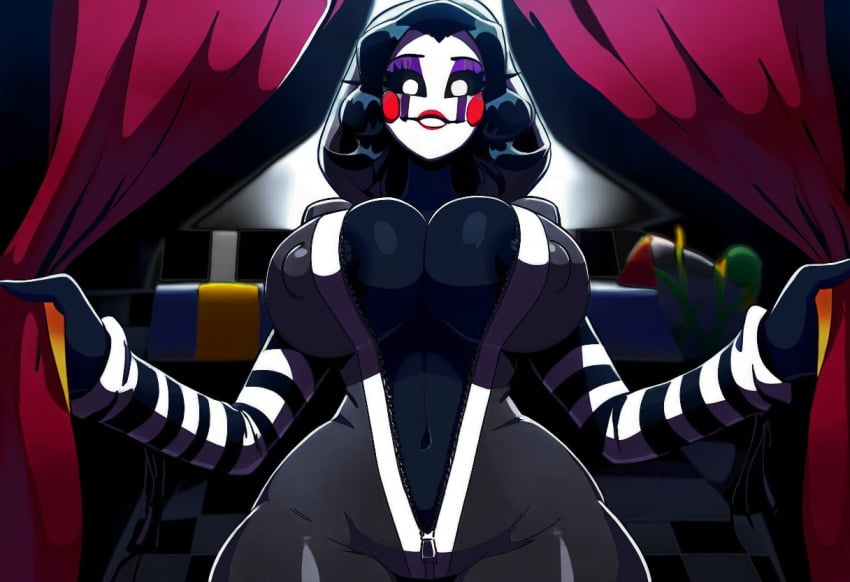 ai_generated belly belly_button black_body black_hair blush female five_nights_at_freddy's five_nights_at_freddy's_2 fnaf girl glowing_eyes h3nt_ai hood lipstick marionette_(fnaf) mascara navel nipples nipples_visible_through_clothing novelai oc onesie original_character puppet_(fnaf) short_hair slumbertime_marionette white_eyes