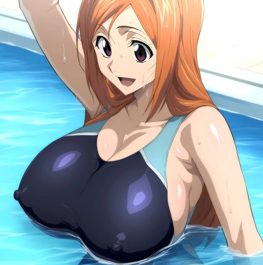 ai_generated bleach erect_nipples gigantic_breasts gokoai huge_breasts inoue_orihime light-skinned_female light_skin long_hair massive_breasts nipples_visible_through_clothing one-piece_swimsuit orange_hair purple_eyes shounen_jump smiling solo solo_female squatting sweat sweatdrop voluptuous voluptuous_female