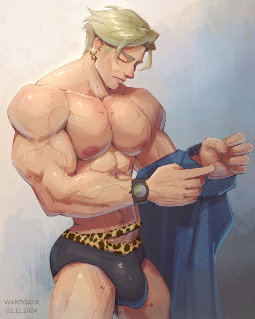 1boy abdominal_hair bara big_bulge blonde blonde_hair blonde_hair_male bulge earrings jujutsu_kaisen kento_nanami male_only muscular muscular_breast muscular_male speedo taking_clothes_off thick_ass thick_thighs vein veins veiny_muscles wardgaya