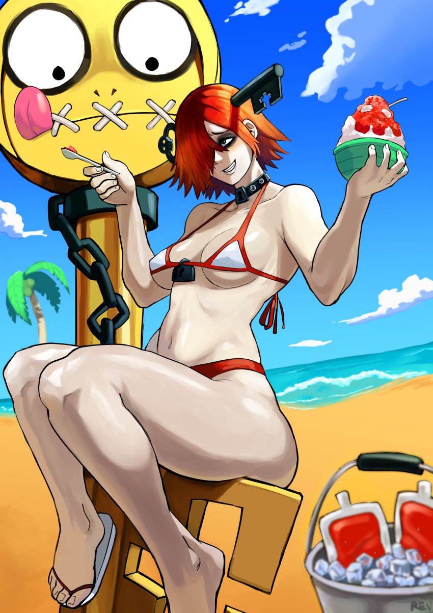 1girls a.b.a beach bikini choker eye_bags green_eyes guilty_gear light-skinned_female paracelsus red_hair revv_art sandals swimsuit thick_thighs