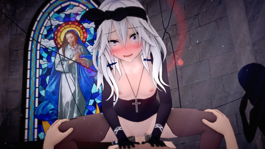 3d blue_eyes church_interior cowgirl_position koikatsu looking_at_viewer sex weeaboo_cat white_hair