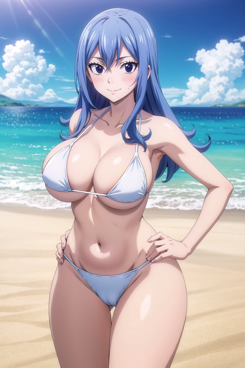 1girls ai_generated arisato_yu beach big_breasts bikini blue_hair fairy_tail female female_only juvia_lockser thick_thighs white_bikini