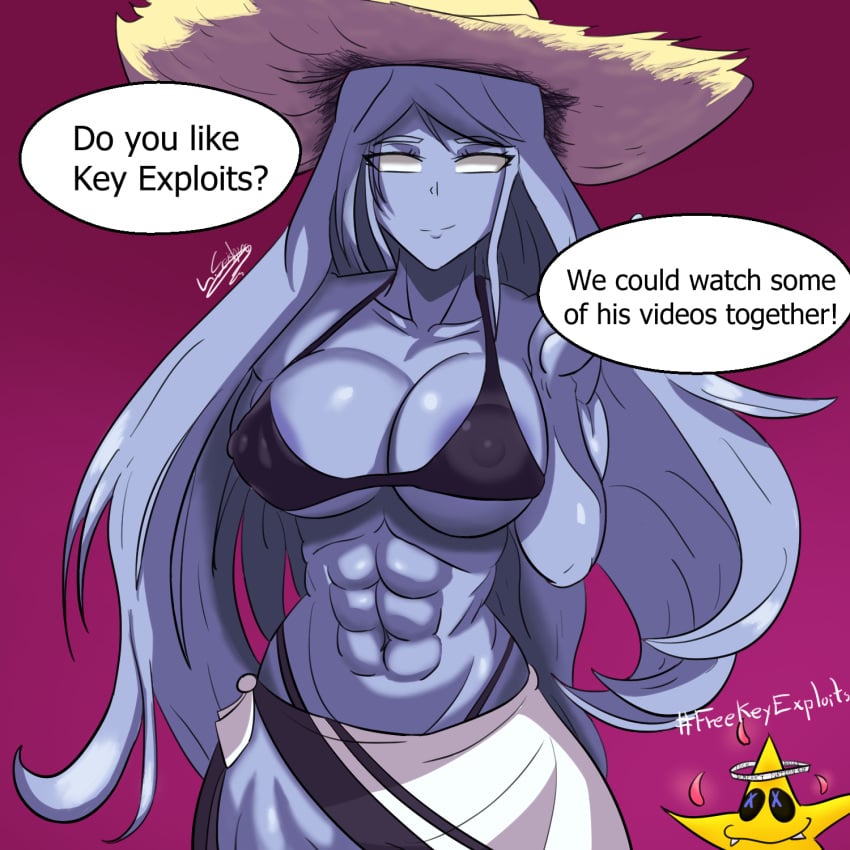 1girls ass big_breasts bikini blue_skin curvaceous_female curvy curvy_figure deepwoken dialogue hair hat hi_res key_exploits long_hair looking_at_viewer mature_female milf muscular_female oc one_arm solo solo_female text text_bubble unknown_artist