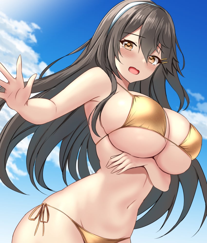 1girls bikini black_hair blush breasts brown_eyes cloud cloudy_sky day embarrassed gold_bikini hair_ornament hairband haruna_(kantai_collection) highres kantai_collection large_breasts long_hair looking_at_viewer montemasa navel open_mouth outdoors sky sunlight swimsuit upper_body