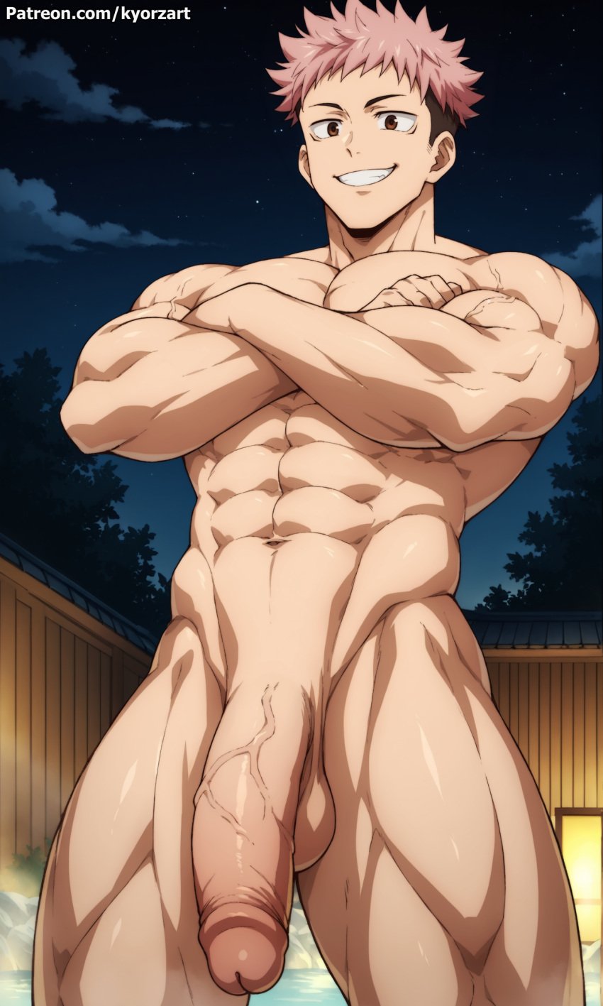 abs ai_generated balls bara biceps big_balls big_penis itadori_yuuji jujutsu_kaisen kyorzart male male_only muscular_male nude pecs penis pink_hair