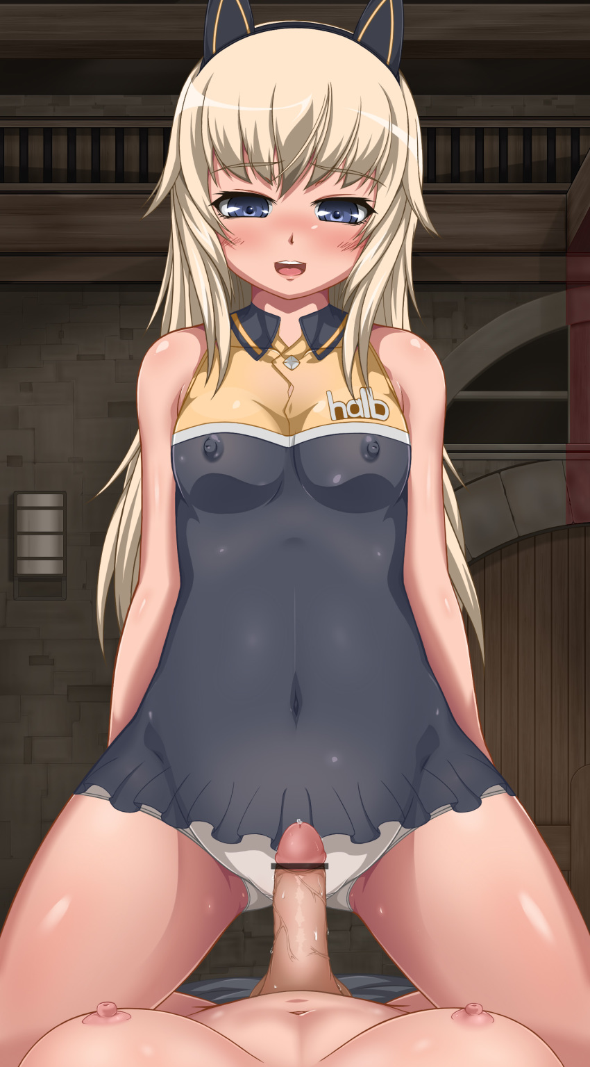 animal_ears bed blonde_hair blue_eyes blush bodypaint breasts censored cowgirl_position female futanari helma_lennartz hi_res high_resolution highres long_hair lying medium_breasts monizumi_ishikawa multiple_girls navel nipples nude on_back open_mouth painted_clothes small_breasts smile solo_focus straddling strike_witches world_witches_series