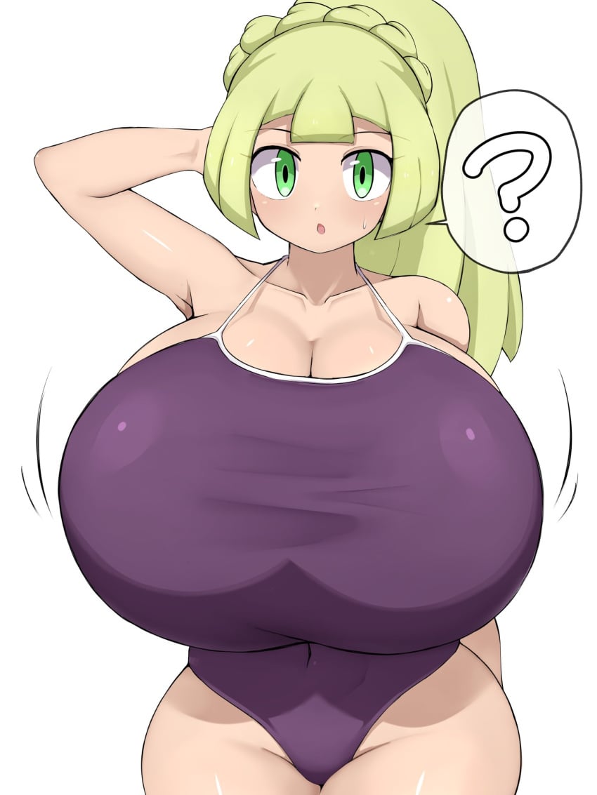 1girls big_breasts breasts creatures_(company) female gamefreak gigantic_breasts huge_breasts jaga334 large_breasts lillie_(pokemon) nintendo one-piece_swimsuit pokemon pokemon_sm solo thick_thighs