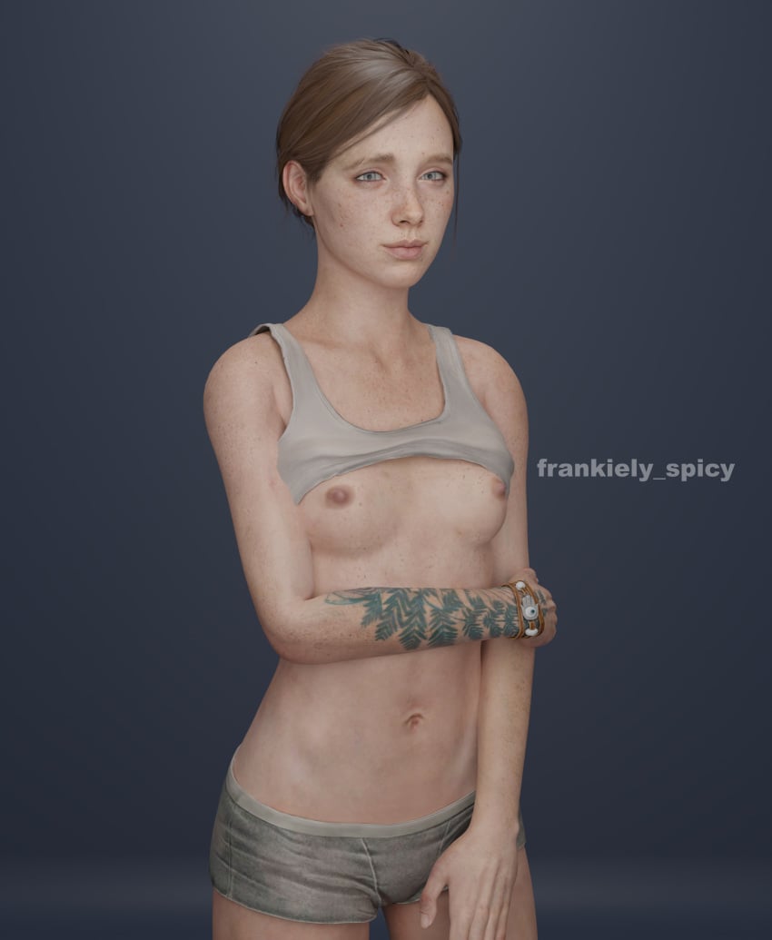 1girls 3d belly belly_button blender blue_eyes bracelet breasts breasts breasts_out brown_hair ellie_(the_last_of_us) ellie_williams female female female_focus female_only frankiely_spicy freckles freckles_on_face naughty_dog navel nipples pinup pinup_pose shirt shirt_lift shirt_up short_hair shorts smile smiling smiling_at_viewer solo solo_female solo_focus tattoo tattoo_on_arm tattooed_arm tattoos tease teasing teasing_viewer the_last_of_us the_last_of_us_2 tied_hair