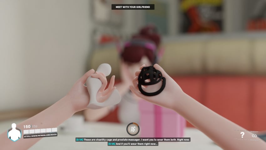 asian asian_female blizzard_entertainment chastity chastity_cage chastity_device d.va dildo dominant dominant_female female femdom gift gift_box looking_at_viewer male male_pov overwatch patreon_username pov prostate_massager rsvch rsvch_art sex_toy tagme vibrator