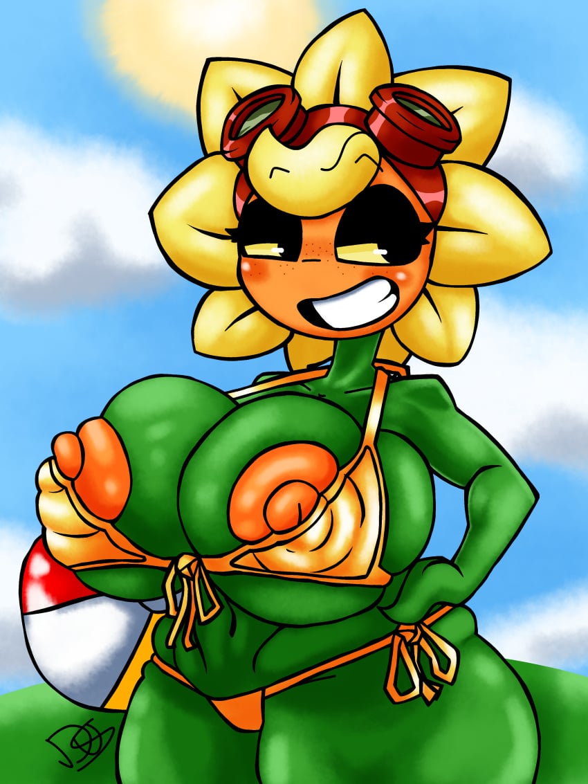 1girls barely_clothed beach_ball big_areola big_ass big_breasts big_butt big_nipples big_smile bikini bikini_bottom bikini_top blush color detailed_background digital_drawing_(artwork) digital_media_(artwork) dus female female_focus female_only freckles green_body huge_areolae huge_ass huge_breasts huge_nipples orange_body orange_nipples plant plant_girl plants_vs._zombies plants_vs_zombies plants_vs_zombies:_heroes red_goggles skindentation smile solar_flare_(pvz) solo solo_female solo_focus sunflower_(pvz) thick_thighs tight_clothing tight_fit yellow_eyes yellow_hair yellow_sclera