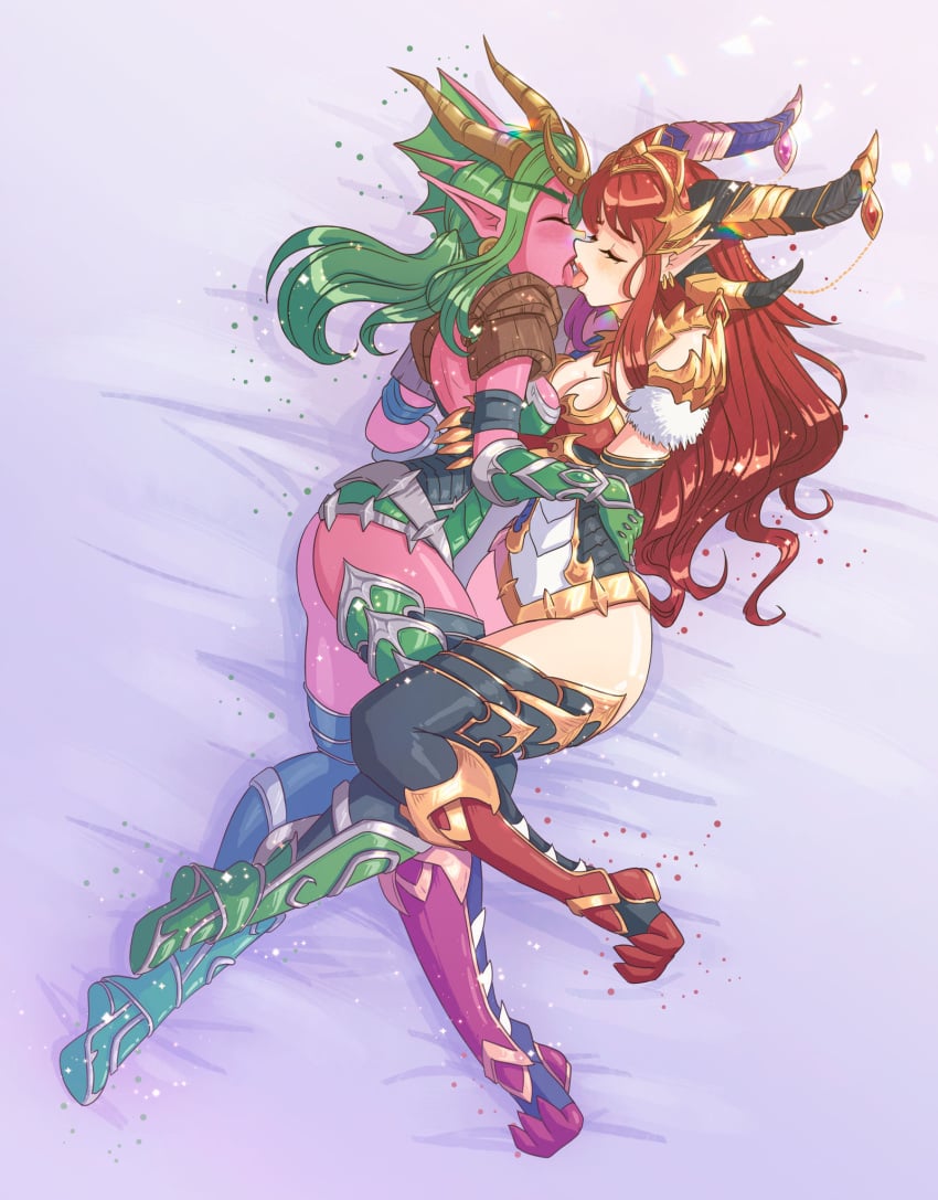 2girls alexstrasza female female_only green_hair horns incest kissing lesbian lesbian_kiss red_hair sister_and_sister sisters tongue tongue_out vanillerainbow world_of_warcraft ysera yuri