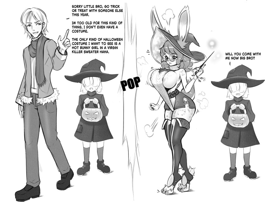 1girls 2boys anthro aurora_(league_of_legends) bare_arms bare_shoulders bare_thighs barefoot belt bimboaudino bimbovaporeon breasts bunny_ears bunny_feet bunny_girl bunny_tail freckles fur genderswap_(mtf) glasses halloween instant_loss instant_loss_2koma jacket large_breasts pants scarf shoes shorts sideboob stockings text thigh_highs thighs virgin_killer_sweater wand witch witch_costume witch_hat