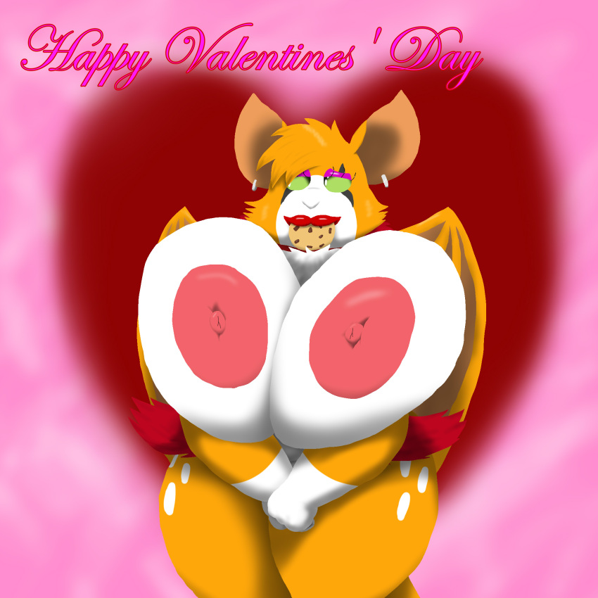 1:1 alythewolfcat anthro bat boa_(clothing) boa_only cookie dust:_an_elysian_tail ear_piercing ear_ring female fidget_(elysian_tail) food heart_sign hi_res holidays lineless mammal nimbat nipples nude piercing ring_piercing solo valentine's_day