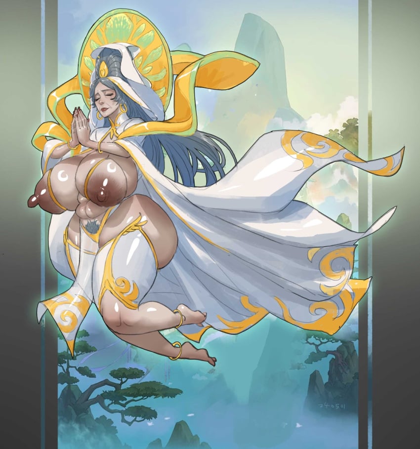 1girls 69_(artist) airborne anklet bracelet breasts closed_eyes closed_mouth dress earrings female flying gilf grandmother grey_hair huge_breasts long_hair marshviolet8 mature_female milf mountain old_woman older_female praying saggy_breasts shiny_skin tied_hair tree wrinkles