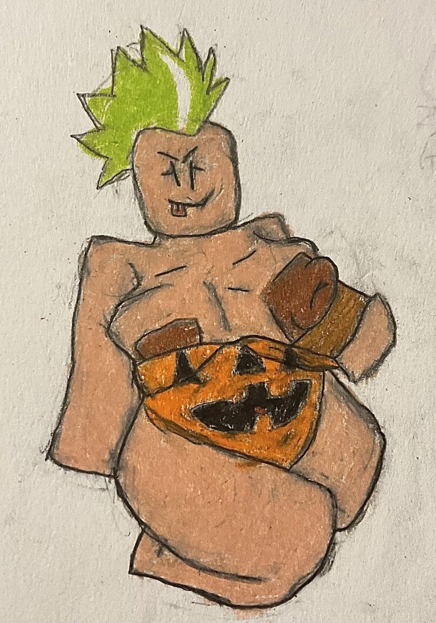 1girls blocky_body brown_nipples flashing flashing_breasts green_hair halloween_costume orange_clothing roblox robloxian self_upload tagme tongue_out traditional_media_(artwork) zoyeensadart