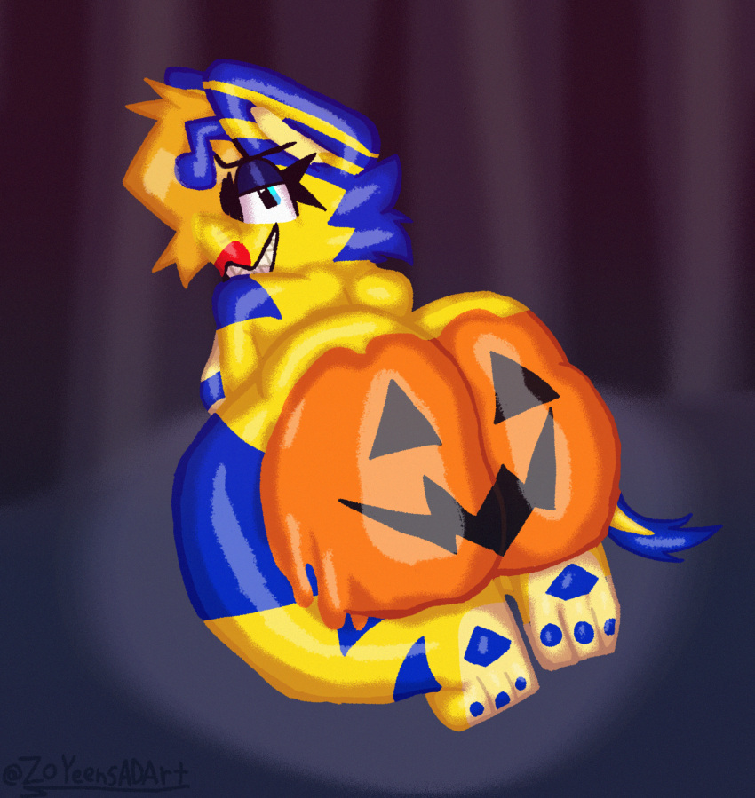 antennae anthro ass blue_eyes blue_fur butt_focus halloween honeycomb_(zoyeensadart) painted_butt pumpkin_butt yellow_fur yellow_hair zoyeensadart