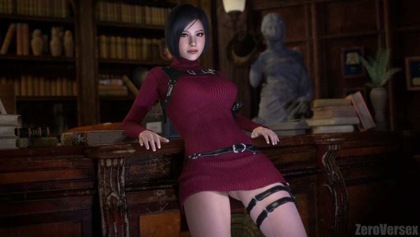 1girls 3d ada_wong black_hair bookshelf brown_eyes clothed female female_only holster leaning_back leaning_on_desk leaning_on_table library light-skinned_female light_skin red_dress resident_evil resident_evil_2_remake resident_evil_4_remake shoulder_holster solo turtleneck_dress virtamate zeroversex