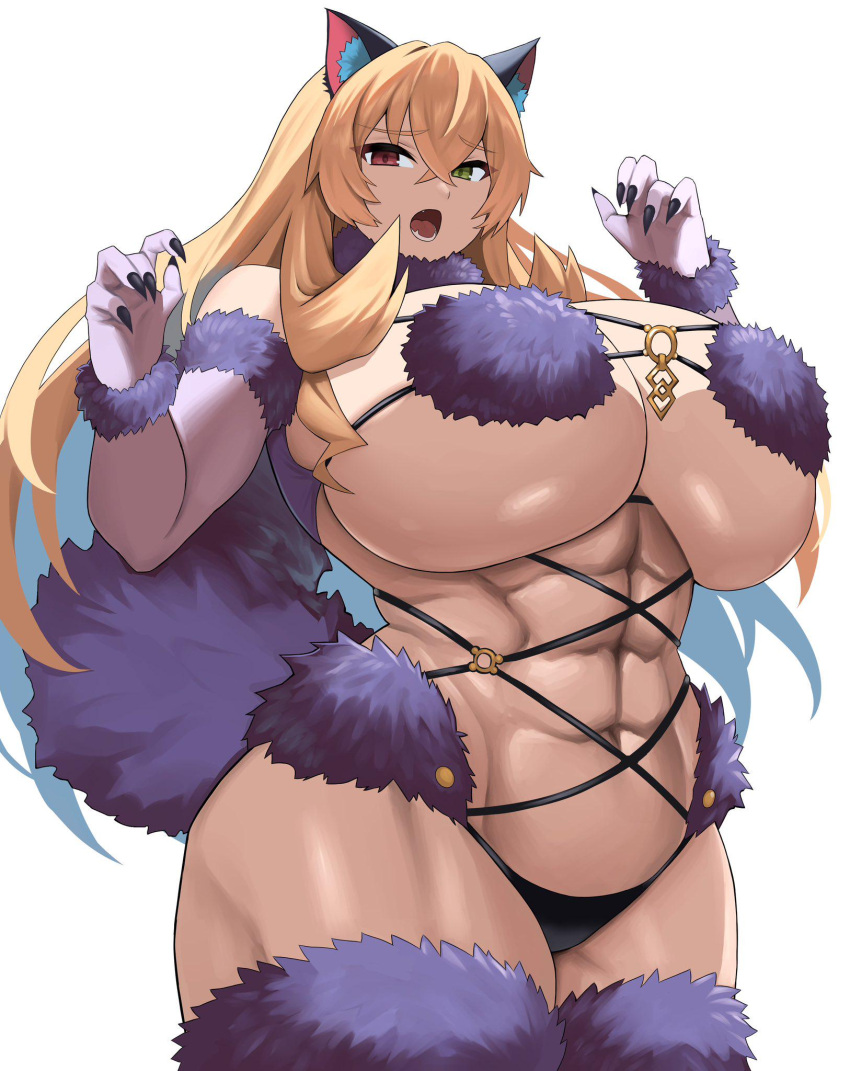 1girls abs barghest_(gawain)_(fate) blonde_hair breasts_bigger_than_head cat_ears fate/grand_order fate_(series) heterochromia huge_breasts imuzi muscular_female tagme thick_thighs