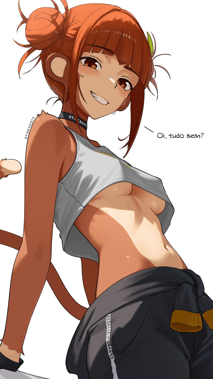 1girls artist_name bloons bloons_td_6 bloons_tower_defense breasts breasts_out brown_fur brown_hair btd6 cute from_below fur grin hair hair_bun hair_buns hair_ornament hi_res high_resolution highres leaning_forward looking_at_viewer medium_breasts monkey monkey_girl monkey_tail naked naked_female nipples nipples_visible_through_clothing orange_hair otokakoto pants pilot_suit rosalia_(bloons_tower_defense) sitting smile solo solo_focus speaking sweating tail text underboob