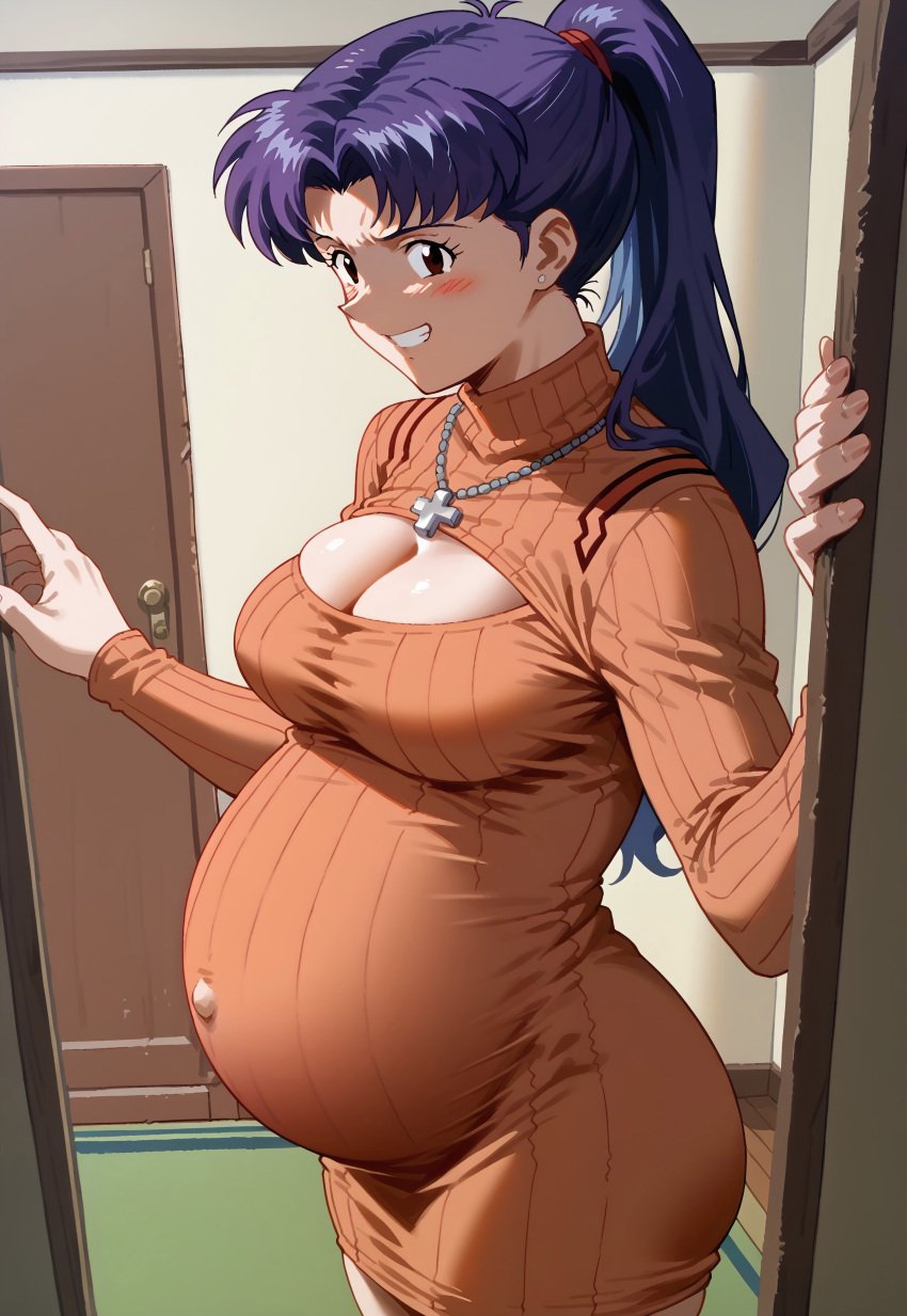 ai_generated big_belly big_breasts breasts cleavage misato_katsuragi neon_genesis_evangelion pregnancy pregnancy_cravings pregnant pregnant_belly