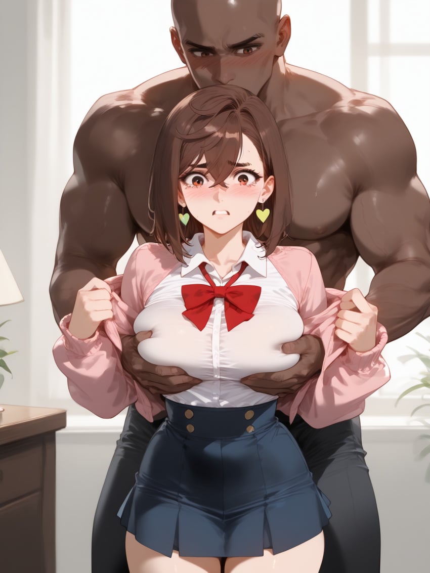 1boy 1girls ai_generated big_breasts brokewyt brown_eyes brown_hair dark-skinned_male grabbing grabbing_breasts grabbing_from_behind groping interracial large_breasts medium_hair muscular_male school_uniform schoolgirl seductive shocked shocked_expression short_hair skirt surprised