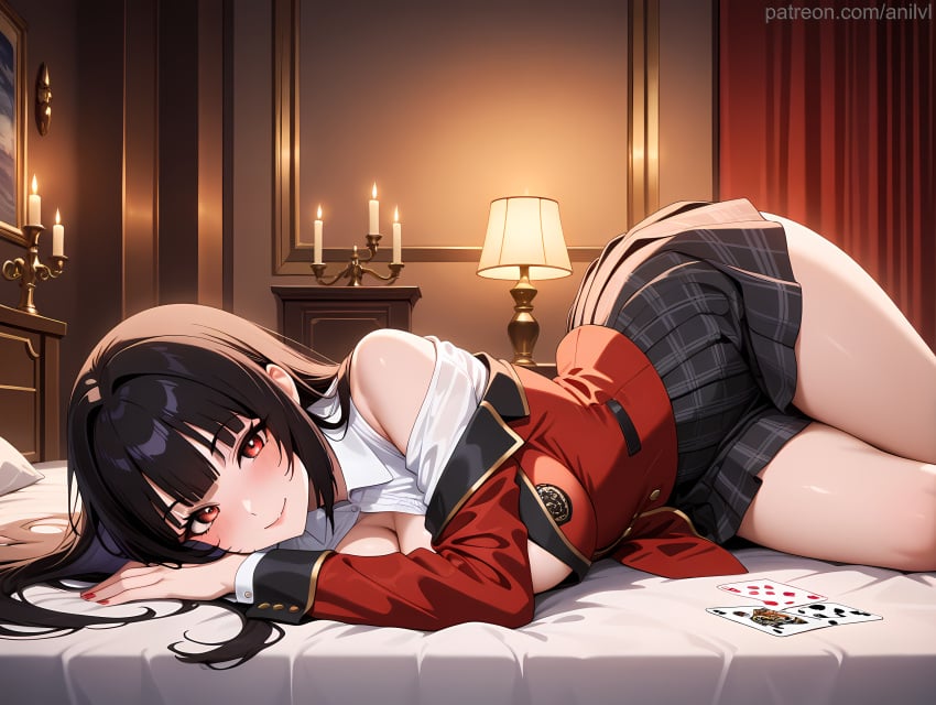 1girls ai_generated anilvl bangs bare_shoulders bed bed_sheet big_breasts black_bra black_hair black_skirt blazer blunt_bangs blush bra breasts candle candlestand card cleavage closed_mouth collared_shirt hime_cut indoors jabami_yumeko jacket kakegurui lamp large_breasts long_hair long_sleeves looking_at_viewer lying miniskirt nail_polish off_shoulder on_bed on_side open_clothes open_shirt partially_unbuttoned pillow plaid plaid_skirt playing_card pleated_skirt red_eyes red_jacket red_nails school_uniform shirt skirt smile solo thighs underwear white_shirt