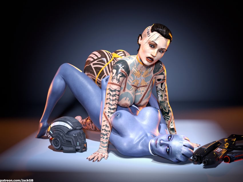 2girls 3d alien_girl asari ass big_ass big_breasts blue_eyes blue_skin breasts brown_eyes brown_hair choker daz3d daz_studio earrings female female_focus female_only full_body_tattoo hand_on_waist helmet hips human indoors jack_(mass_effect) jackgb laying_down laying_on_floor liara_t'soni mass_effect n7 nipple_piercing nipples no_sex on_floor panties parody piercing ponytail posing posing_for_the_viewer rifle seductive seductive_look seductive_smile smile tattoo tattoo_on_arm tattoo_on_butt tattoo_on_chest tattooed_female tattoos topless waist