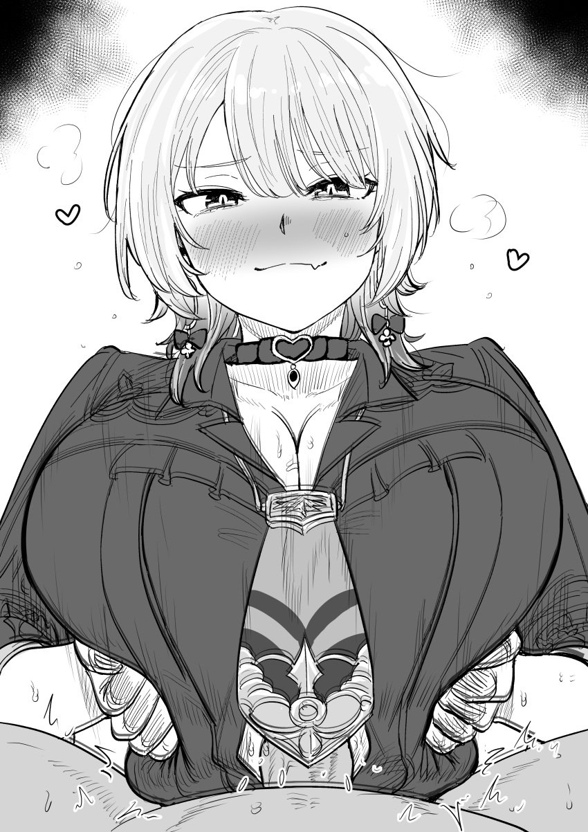 1boy 1girls alternate_breast_size alternate_costume big_breasts blush breast_hold breasts cleavage female happy happy_paizuri happy_sex heart huge_breasts kaiman_garupan large_breasts male medium_hair monochrome motion_blur nijisanji nui_sociere paizuri paizuri_lead_by_female paizuri_on_lap paizuri_under_clothes smile straight virtual_youtuber