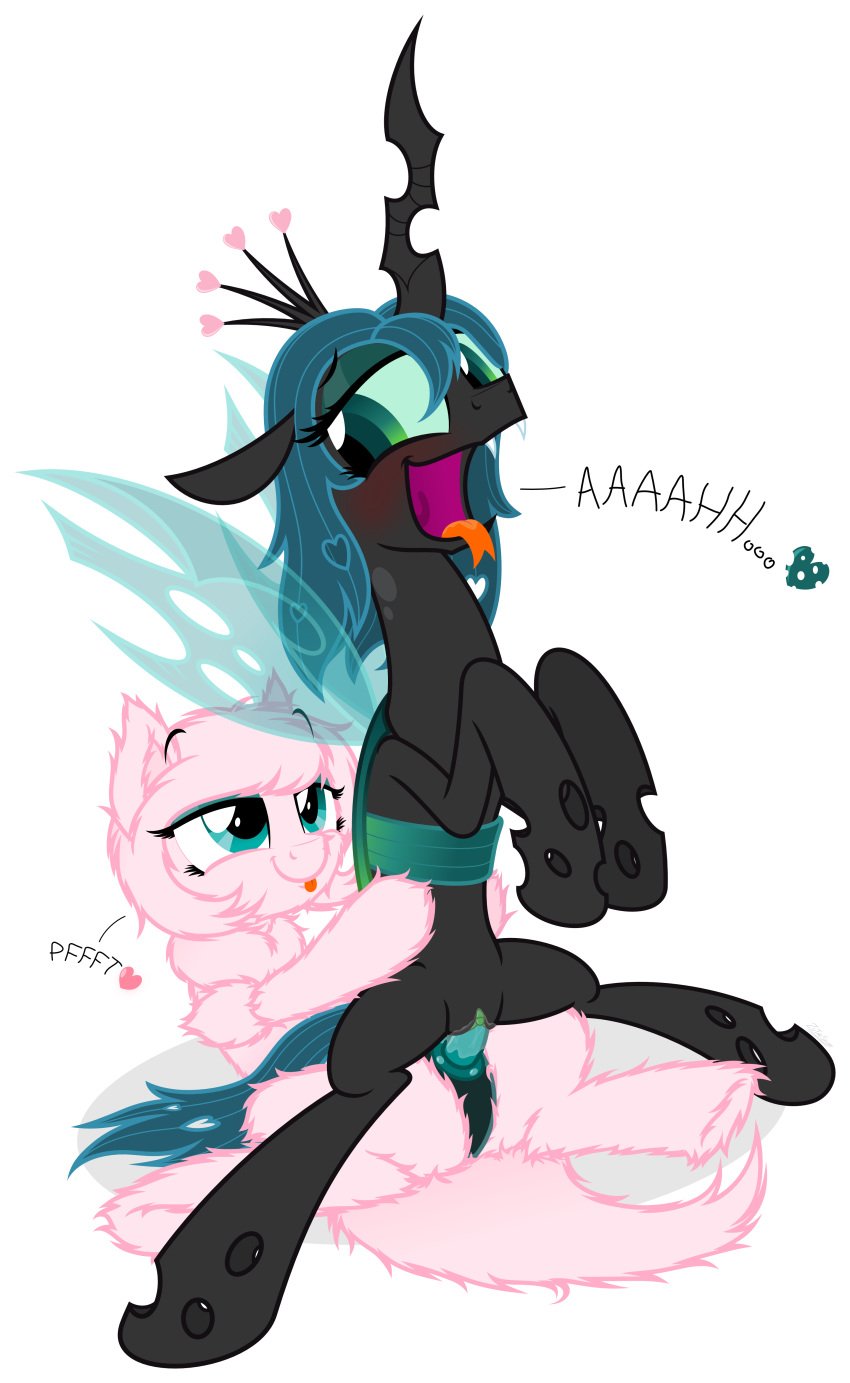 2014 blue_eyes blue_hair blush cutie_mark dildo english_text equine female fluffle_puff friendship_is_magic fur furry green_eyes hair hi_res high_resolution highres horn horse mammal my_little_pony open_mouth penetration plain_background pony pussy pussy_juice queen_chrysalis_(mlp) sex sex_toy smile smooth_skin spread_legs spreading strapon text tongue tongue_out vaginal_penetration wings yuri zutheskunk