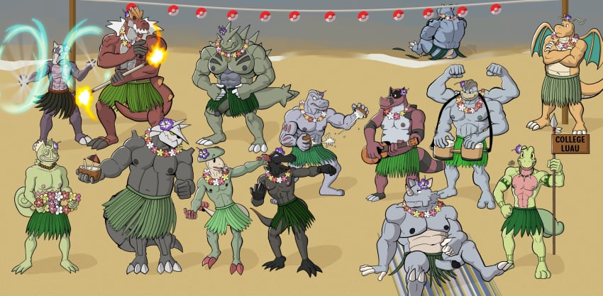 2_toes 3_toes 4_toes abs accessory aggron alolan_form alolan_marowak anthro anton_o'moore bared_teeth barefoot beach beach_towel belly beverage biceps big_muscles biped blastoise blue_body blue_scales blush blush_lines bongo_drum bottomwear bracelet breloom bryan_hall claws clothed clothing coconut coconut_drink crossed_arms curtis_sara_taylor dancing dragonite dressing drum drupe_(fruit) erect_nipples erection eyebrows feet femboy fire fire_dancer fire_dancing fire_performance flower flower_necklace flower_on_head food fossil_pokemon fruit garland garth_forest generation_1_pokemon generation_2_pokemon generation_3_pokemon generation_5_pokemon generation_6_pokemon generation_7_pokemon genitals grass_skirt green_body green_scales grey_body grey_scales group hand_on_hip hawaiian herbert_gillespie hi_res hibiscus hula hula_dancer hula_dancing humanoid_feet humanoid_genitalia humanoid_penis hunter-husky jewelry kecleon krookodile lei looking_at_viewer luau lute machamp machoke male male/male markings mature_male melee_weapon musclegut muscular muscular_male musical_instrument navel necklace nervous nintendo nipples open_mouth orange_body orange_scales party penis percussion_instrument performance_art plant plantigrade plucked_string_instrument pokeball pokemon pokemon_(species) polearm pupils purple_sclera raymond_davis red_body red_scales regional_form_(pokemon) rhydon salandit sand scales scalie sea sebas_cooper sexual_tension shane_barker shoreline shoulder_strap sign skirt snout spear spikes spikes_(anatomy) strength string_instrument tail tattoo teeth toes tongue topless topless_anthro topless_male torch towel treecko trenton_liddle tribal tribal_markings triceps twunk tyranitar tyrantrum ukulele ulisez_golderer unnamed_character ventral_scales wardrobe_malfunction water weapon white_sclera yellow_sclera