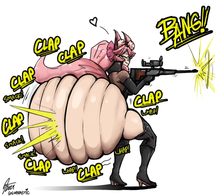 <3 ass_bigger_than_head ass_bigger_than_torso ass_cheeks ass_clap ass_clapping ass_jiggling_from_recoil_of_firearm big_ass bubble_ass bubble_butt dumptruck_ass dumptruck_butt giant_ass glasses glubtastic gun heart_symbol huge_ass hyper_ass hyper_butt koyanskaya_(assassin) koyanskaya_(fate) large_ass massive_ass pink_ears pink_hair pink_tail shooting