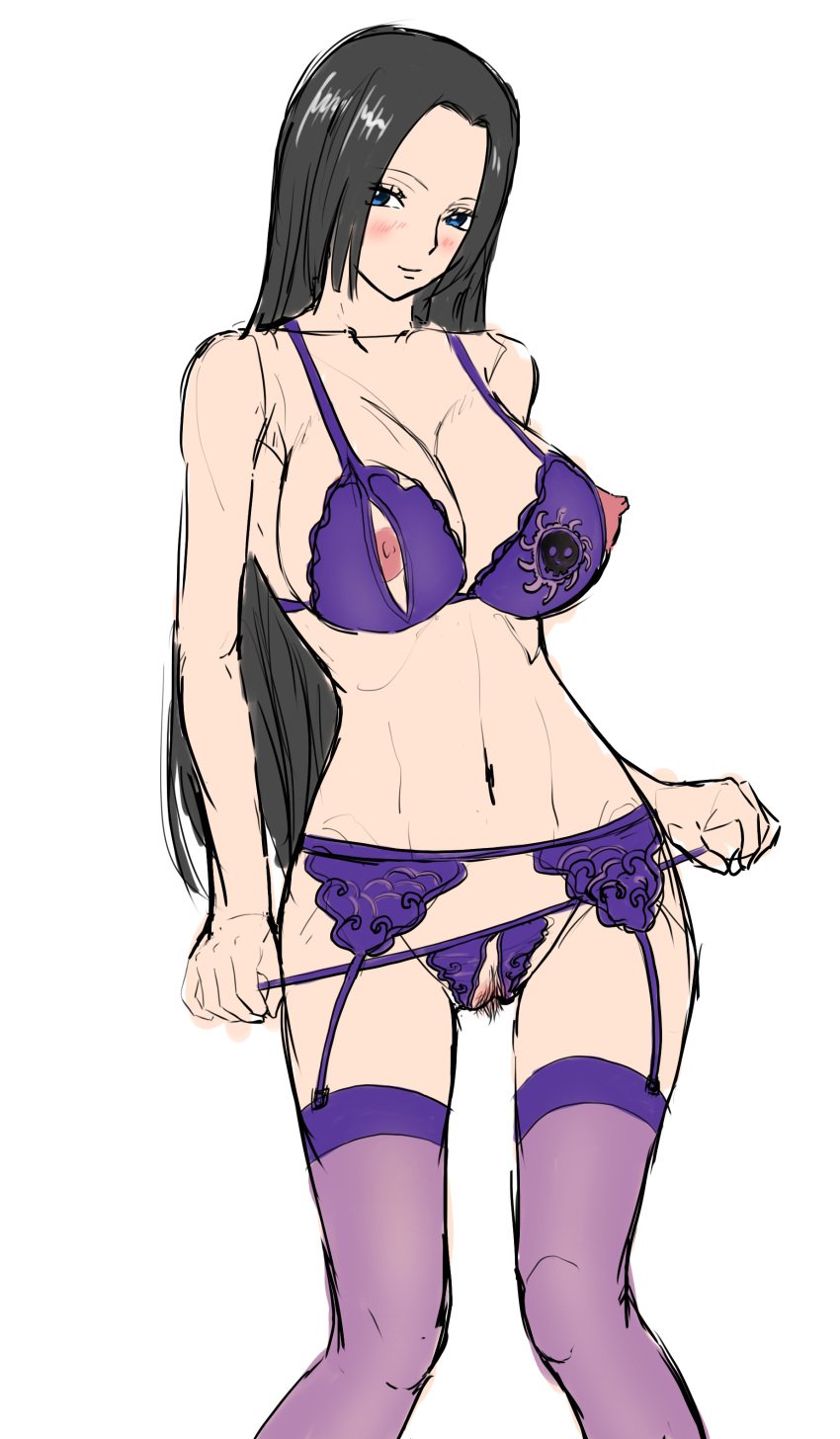 1girls 2019 big_breasts black_hair blue_eyes blush boa_hancock bra breasts crotch_cutout crotchless female female_only garter_belt garter_straps hairy_pussy iwao178 lingerie nipple_cutout nipple_slits nippleless_bra nippleless_clothes nipples one_piece panties post-timeskip pubic_hair purple_clothing purple_lingerie purple_stockings pussy stockings