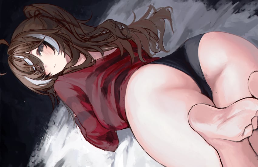 ass_focus black_panties brown_eyes brown_hair clothed clothing feet hololive hololive_english hololive_english_-council- hololive_english_-promise- long_hair looking_at_viewer lying_down lying_on_stomach nanashi_mumei naokomama panties sketch sweater virtual_youtuber vtuber white_streak